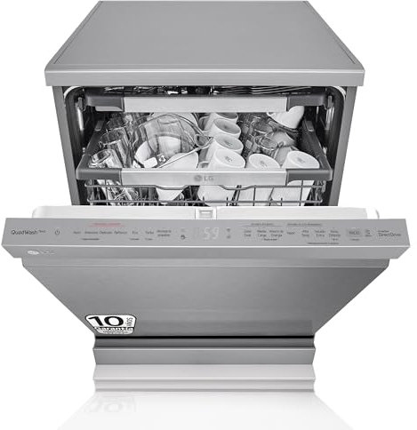 LG DF455HSS - Lavavajillas QuadWash Steam, Certificado C, TrueSteam, tercera bandeja, 14 litros, Inox