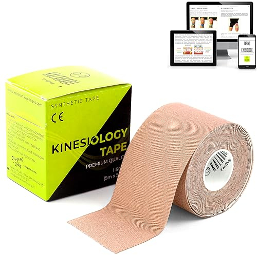 KALAHARI 1 x Kinesiologie Tape mit e-Book Anleitung auf Deutsch – Wasserfestes, Elastisches Kinesiotape für bessere Haftbarkeit und Undurchlässigkeit gegenüber Wasser und Schweiß (5cm x 5m) HAUTFARBE