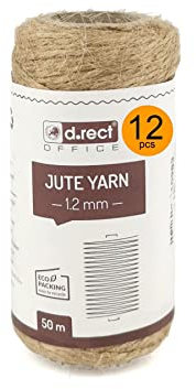 D.RECT 50m Jute-Schnur - 12 Stück | Natur Braun Jute-Kordel | Packschnur Geschenk-Band Bastelschnur Dekokordel | 1,2mm Dicke | Für: Verpackung, DIY Kunst-Handwerk, Floristik, Dekoration, 110983
