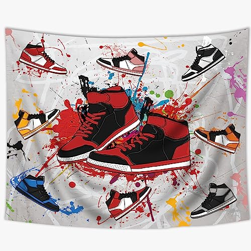 SVBright Retro-Basketballschuhe, Wandteppich, 130 x 150 cm, Sneaker-Dekorationen, Hintergrund, Party, Sport für Jungen, cooles Graffiti, lustig, bunt, Stoff, Wandbehang, Heimdekoration, Kunst für