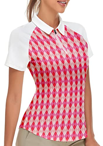 Soneven Polo Femme Manches Courtes avec 1/4 Zipper Sport Tennis Golf Hauts Performance Slim Fit Polo Shirt Femme t-Shirts à Manches Courtes Grille Diamant Rose S