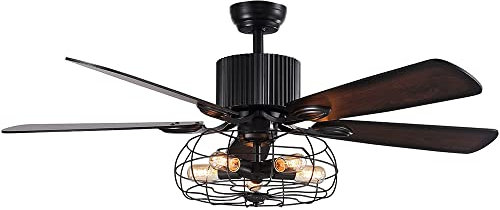 MNSSRN Retro Industrial Ceiling Fan, Iron Cage Country Style for Dining Room Living Room, 52 Industrial Farmhouse Bladeless Ceiling Fan with Light, Bedroom Fan
