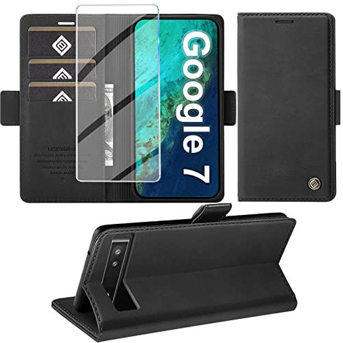 Handyhülle für Google Pixel 7 Mit Schutzfolie, Standfunktion, Kartenfach - Premium Leder Schutzhülle Mit Flip Case Cover, Stoßfeste Klapphülle (Schwarz)