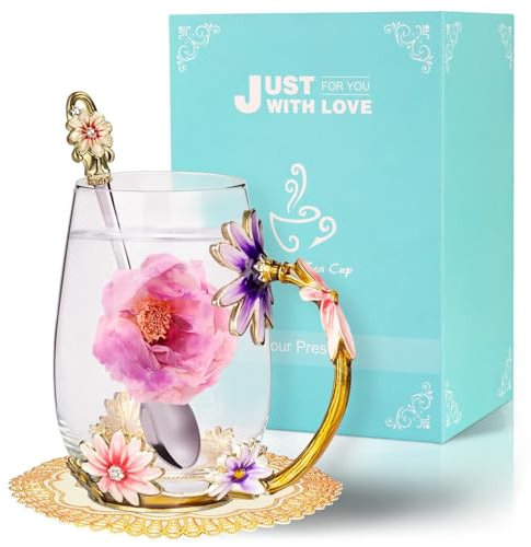 Wisolt Birthday Gifts for Women Teacher Christmas Gifts Flower Glass Tea Cup Gifts for Mum Wife Her Friend Anniversary Valentines Christmas Mothers Day Gifts Glass Coffee Cup Mugs with Spoon