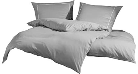 Lorena Uni Mako-Satin Bettwäsche Classic Zierstich Silber, 1 Bettbezug 135 x 200 cm + 1 Kissenbezug 80 x 80 cm