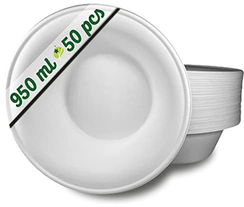 50 Cuencos Desechables Papel de caña de azúcar de 950 ml grandes. Vajilla desechable Biodegradable extrafuerte de Color Blanco. Cuencos para Fiestas y desayunos. Cuencos de bagazo