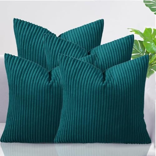 AMEHA Soft Corduroy Teal Velvet Cushion Covers 45 x 45 cm Set of 4 Pcs with Invisible Zipper Decorative Square Throw Pillowcases for Bedroom, Sofa (18x18 inch Stripe Cushions)