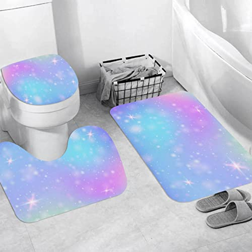 Badteppich 3 Stück Weiche saugfähige Badematten,Farbverlauf Einhorn Regenbogen schillernd Fantasy Multicolor Universum abstrakte,Rutschfeste Badematte Teppiche & Toilettendeckelabdeckung Set Waschbar