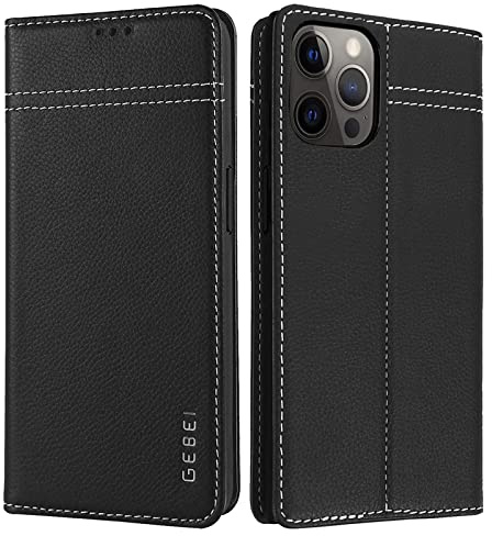 Gebei Hülle Echt Leder für iPhone 12 Pro Max (6,7) - Premium Echte Lederhülle mit Standfunktion Kartenfach Magnetverschluss Flip Case Ledertasche Handyhülle Schutzhülle Klapphülle – Schwarz