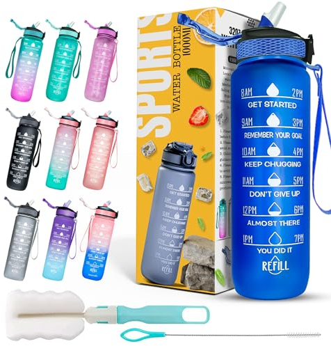 K-MART Sports Water Bottle with Straw and Time Marking, and 32OZ Capacity - Motivational and Eco-Friendly BPA-Free Bottle for Running, Gym, Yoga, Outdoors, and Camping (Style-1, Blue)