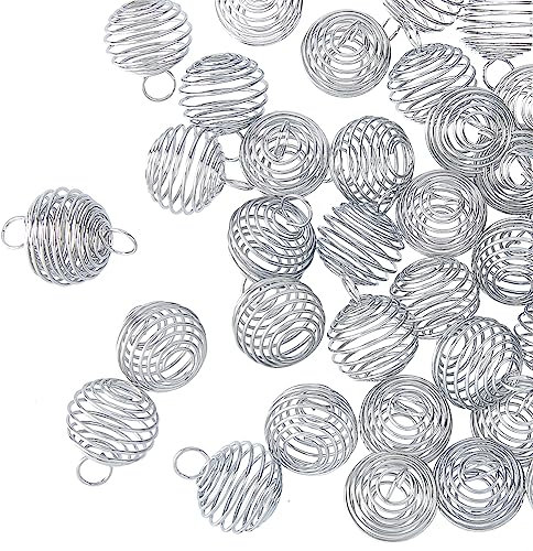 HOBBIESAY 100pcs Cage Pendant - 16mm Silver Plated Spiral Bead Cage Pendant Hollow Round Lantern Crystal Stone Support Amulet Necklace for Jewelry Keychain Making and Crafting