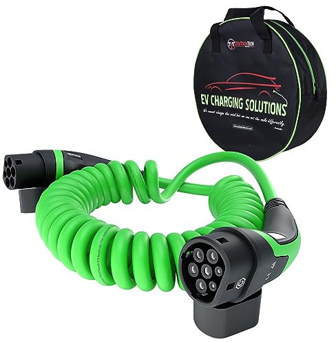 TEUTSCHTECH, EV Ladekabel Spiral I Grün I 7M I TYP2 auf TYP2 I 22kW I 3X32A I 3-phasig I Nutzbare Länge ca. 4,2M I Mit Lade- Temperaturüberwachung und Schutz vor Brand