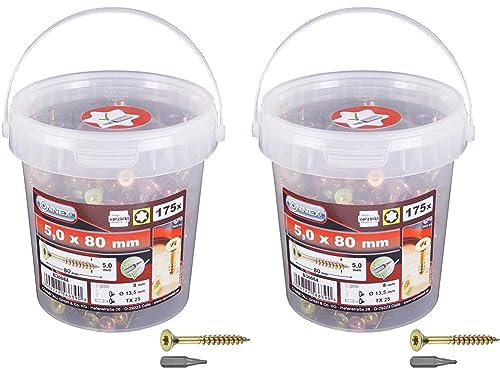 Connex Universalschrauben 5,0 x 80 mm - 175 Stück im Set - Senkkopf - TX-Antrieb - Teilgewinde - Gelb verzinkt - Inkl. Bit/Schrauben-Set/Schrauben-Eimer / B30084 (Packung mit 2)