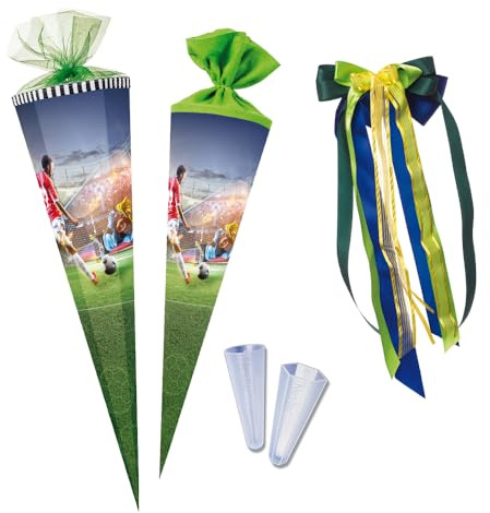 Nestler Schultüten-Set zum Befüllen, Handgemachte Zuckertüte aus Karton - Motiv Kicker, Schultüte, Spitzenschutz, Schleife (70 cm rund)