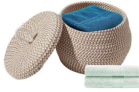 Panier tissé pour le rangement, panier rond avec couvercle, panier en corde de coton, boîte de rangement en tissu avec couvercle rond, boîte de rangement ronde en corde de coton pour organiser divers