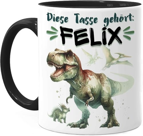 Tassenliebling® Dino Tasse personalisiert - Kindertasse mit Namen für Junge Mädchen - Schwarz - Weihnachtstasse - Personalisierte Geschenke Kinder - Dinosaurier T-Rex Kinderbecher aus Keramik 330ml