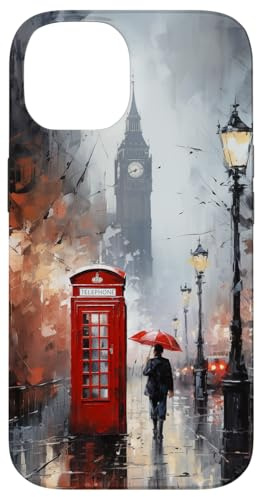 Handyhülle, Motiv „Wet London“, Motiv: Rote Telefonzelle, Uhrturm Hülle für iPhone 14