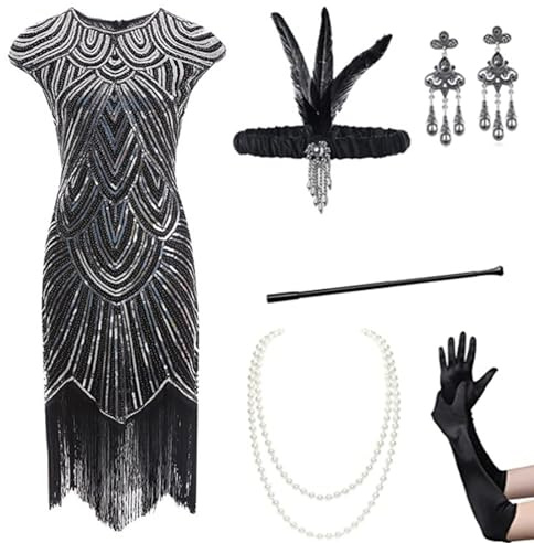 Gammify - Vestido de noche para mujer de 1920 con cuello en V, lentejuelas y flecos, con conjunto de accesorios de los años 20, color negro, talla XXL