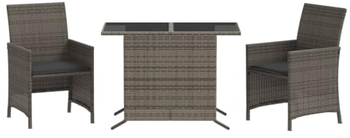 vidaXL Bistro Set mit Kissen 3-TLG., Gartenmöbel Gartengarnitur, Sitzgruppe Bistroset Balkonset, Garten Terrasse Balkon Möbel Garnitur, Grau Poly Rattan