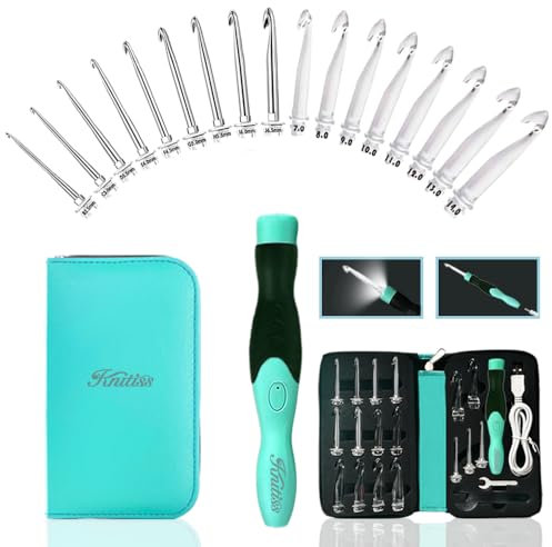 Knitiss 17 Größen beleuchtete Häkelnadeln Set 2.5mm~14.0mm, wiederaufladbare Häkelnadel mit austauschbarem Häkelkopf