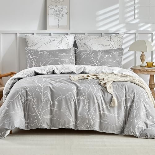 Tokokimo Funda Nordica Cama 135/150 - Microfibra Juego de Funda Edredon 240x220 cm con Cremallera - y 2 Fundas de Almohada 50x75 cm - Diseño Estilo Rama y Hoja, Gris/Blanco