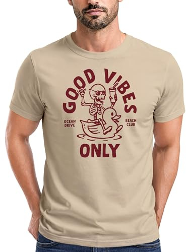 Neverless® Herren T-Shirt Printshirt Spruch Good Vibes Only Skelett-Motiv Sommer Frontprint Fashion Streetstyle