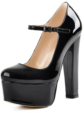 MissHeel Mary Jane Plateauschuhe mit Blockabsatz Plateau Pumps High Heels Schwarz EU 46