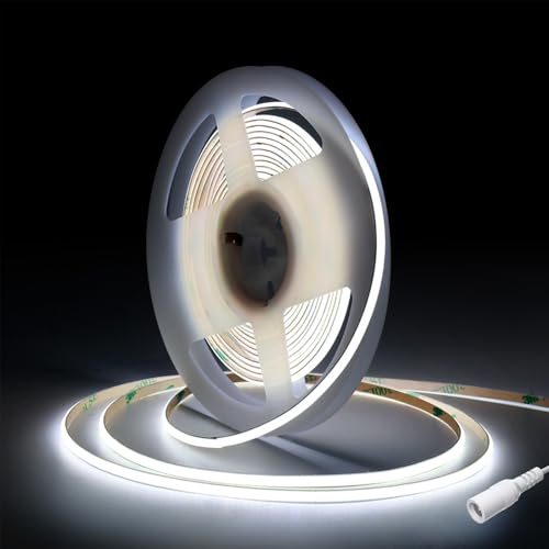 COB LED Streifen 5m,Fosingut DC12V COB LED Strip Kaltweiß 6500k,480 LEDs/M CRI90+ Hohe Helligkeit Flexibel Band Lichtleiste Selbstklebend,4mm Stripes LED Bar,Kanal,Küche,TV,Auto,Heim Decor(Nur Strip)