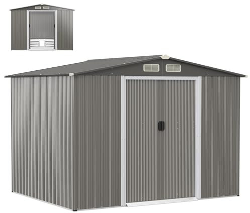 HOMASIS Caseta metálica para Herramientas, Caseta de jardín con 4 Ventanas de ventilación y 2 Puertas correderas, Resistente a la Intemperie, para Exterior, jardín, 260x207x180cm (Gris Oscuro 2)