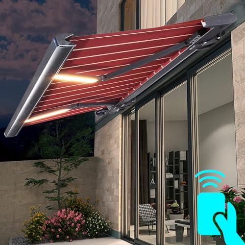 MOFGOE Tenda da Sole elettrica, Tenda Parasole Retrattile per Patio, Tenda motorizzata con Telecomando e luci a LED, Tende da Sole per finestre, Protezione UV da Pioggia e Neve,3X1.5M