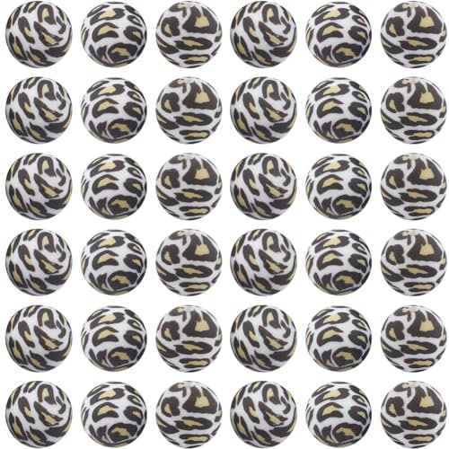 SUNNYCLUE 1 Box 50 Stück 15mm Silikonperlen Mit Leopardenmuster Kugel Runde Bedruckte Perle Großpackung Mit Weichem Gummi Blumenmuster Brennpunkt Lose Abstandshalter Schlüsselbandperlen Zur Schmuckhe
