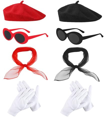 UILYNIU 8-teiliges französisches Frauen-Set, Kostümzubehör-Set, französische Künstlerin, Mime-Set, mit rot-schwarzem Baskenmützenschal, Sonnenbrille, Handschuhen, für Mädchen, Cosplay, Partyzubehör,
