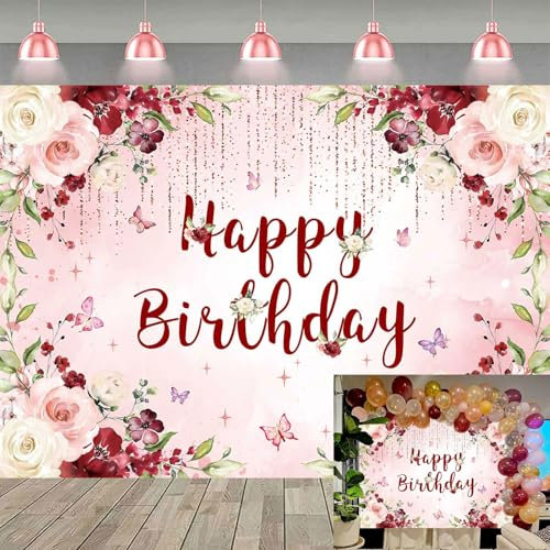Floral Happy Birthday Hintergrund Burgund Rosa Rose Blume Glitter Punkt Fotografie Hintergrund Frauen Mädchen Geburtstagsparty Kuchen Tischdekorationen Fotoshooting Banner