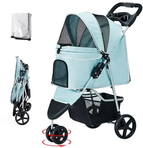 Joyfultails Hundewagen Hundebuggy Bis15kg, Faltbarer Hundewagen mit Aufbewahrungskorb, Netzfenster, Hundetrolley für Kleine und Mittle Hunde Regenschutzabdeckung Jogger Katzenbuggy blau