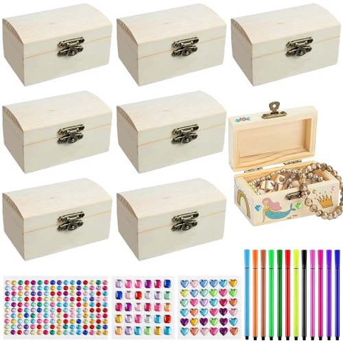 TTYSHIP® 8 Stück Mini Schatztruhe Holz, 9x5,5x5cm Holzkiste zum Bemalen mit 3 Aufkleber und 12 Graffiti-Stift, Schatztruhe Kinder Mini mit Deckel für DIY, Geburtstags, Party