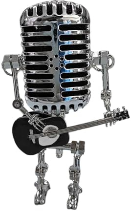 Mikrofon Roboter Schreibtischlampe, Verstellbarer Lampenkopf Metall Mikrofon-Roboter Nachttisch Schreibtischlampe Mit -Gitarre, Coole niedliche Retro Metall Größe Nachtlicht Tischlampe (Schwarz)