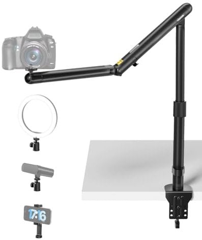 viozon Overhead Stativ,Kamera Halterung,Überkopfstativ mit flexiblem Aluminiumlegierung-Federarm,360° Kugelkopf, 1/4″ & 3/8″ Anschluss,für DSLR-Kamera,Projektoren,Mikrofone,Ringlicht,Webcam,4–7″ Handy