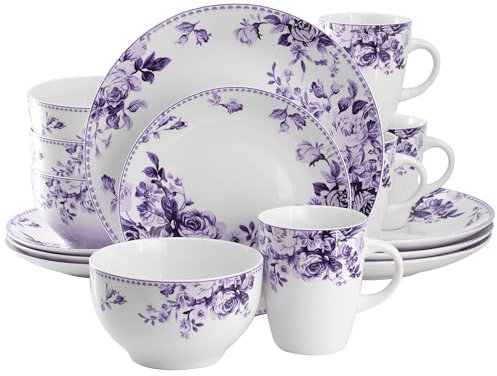 Elama Traditional Rose 16 Piece Stone Dinnerwar/Tableware Set, Service for 4 (Purple)