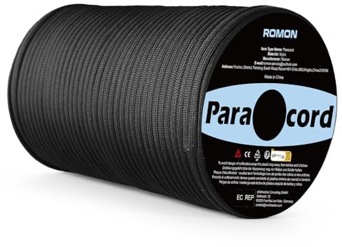 Romon Paracord 4mm, 9 Hebras Cuerda de Nylon, Cuerda Paracord 550 Cuerda Escalada, Cuerda de Paracaídas para Toldo Exterior Supervivencia Camping Tendedero, 250kg Carga de Rotura, Negro 100m