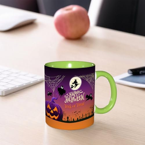 SDAEMQ Tazas de Café, Taza de Cerámica para Té y Café - Regalo Original - 330 ml - Desayuno Tazas Tazas graciosas,Imagen de Halloween con calabazas, linternas, sombras de brujas, murciélagos, fantasma