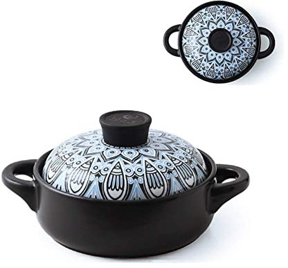 Cacerola de Cerámica con Tapa, Olla de cerámica para cocinar Cazuelas con tapas Cazuela de barro pequeña Cazuela binaural con tapa Utensilios de cocina de cerámica Olla de barro redonda Cazuela resis