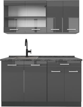 Vicco Singleküche R-Line, Anthrazit Hochglanz/Anthrazit, 140 cm, AP Anthrazit