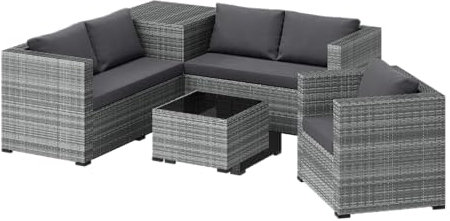 STEELSØN Polyrattan Sitzgruppe mit Aufbewahrungsbox Veloria, Gartenmöbel Set 5 teilig mit 2X Gartenbank, 1x Sessel, 1x Tisch, Rattan Lounge für den Garten für 5 Personen grau