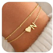 TINGN Gold Schmuck Damen - 14K Gold Vergoldete Herz Armband Mädchen Layered Armband mit Buchstaben N Armbänder für Teenager Mädchen Personalisiert Charm Armkette Damen Geschenke für Frauen Freundin