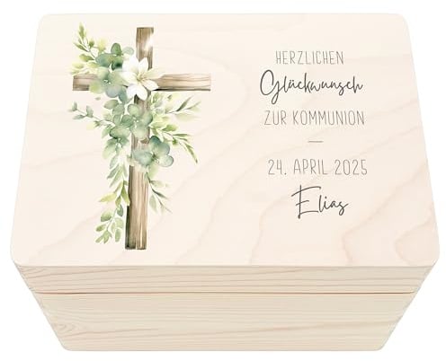 DEL MÀ Unique & Personal Erinnerungsbox Kommunion personalisiert Geschenk Erinnerungskiste zur Erstkommunion Holzkiste mit Deckel Holzbox 30x20x13 cm