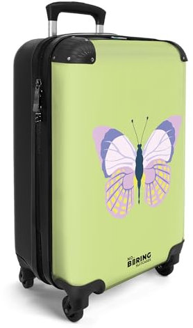 NoBoringSuitcases.com® Handgepäckskoffer Kinder 55x35x20 cm Reisekoffer Kinderkoffer 4 Rollen Leicht Koffer Cabin Trolley Hartschalenkoffer Kind Tier - Schmetterling - Grün