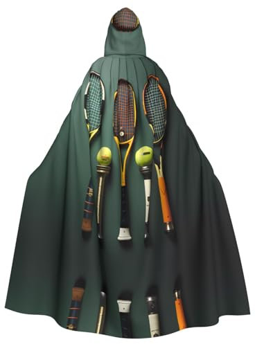 WDXQHY Halloween-Kapuzenumhang mit Tennisbällen und Schlägern, Volldruck, Polyester, Kostüm, Umhang für Cosplay-Partys, Maskeraden, Comic-Cons, leicht, bequem, kein Juckreiz, Stoff mit Bindeverschluss