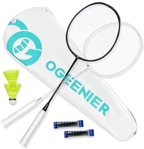 OGEENIER 3U Badminton Set Badmintonschläger Profi mit Tasche | Federball Set: 2 Badmintonschläger, 2 Federbälle, 2 Griffbänder + Tasche. Ideal für Freizeit & Turnier