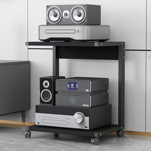 Rack audio a 2 livelli, supporto per supporti AV, armadietto stereo, scaffale audio-video con ruote, ripiano per console di gioco, per accessori TV, lettore DVD/CD, Xbox, PS5, proiettore (50 x 40 x 65