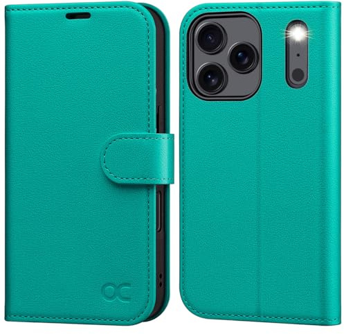 OCASE Hülle für iPhone 17 Pro 5G, Premium PU Leder Blaugrün Litschi | Handyhülle Kartenfach Magnet Standfunktion RFID Blocker Stoßfest Lederhülle